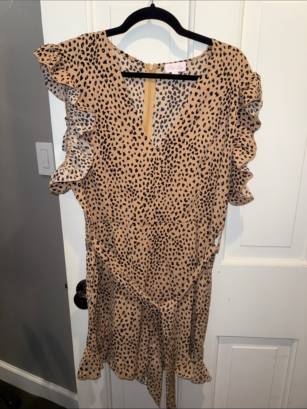 Pink Lily Tan Leopard Print Ruffle Wrap Romper